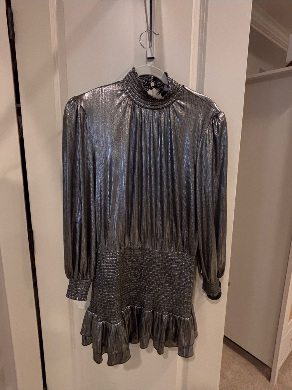 Retrofete Metallic Silver Long-Sleeve Evening Dress